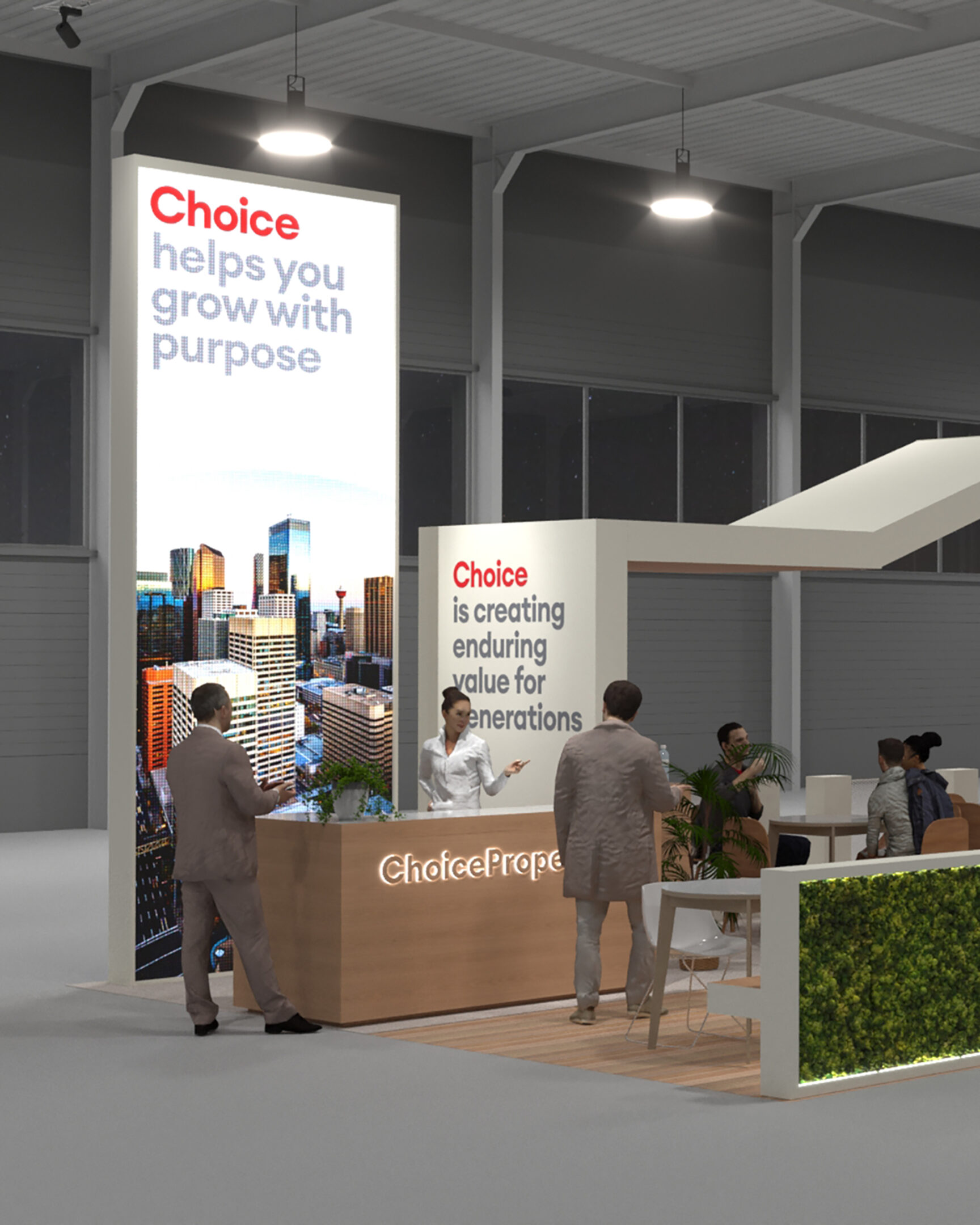 render of people inside a built booth